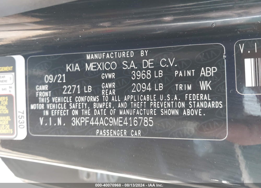 2021 KIA FORTE GT VIN: 3KPF44AC9ME416785