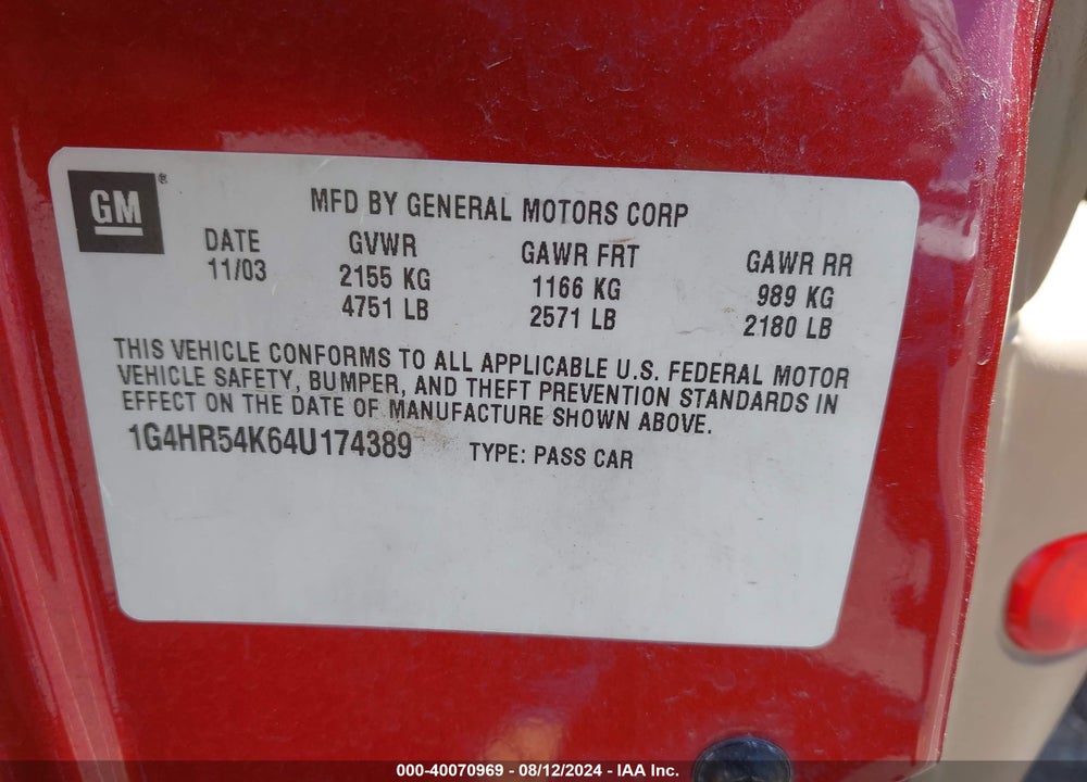 2004 BUICK LESABRE LIMITED VIN: 1G4HR54K64U174389
