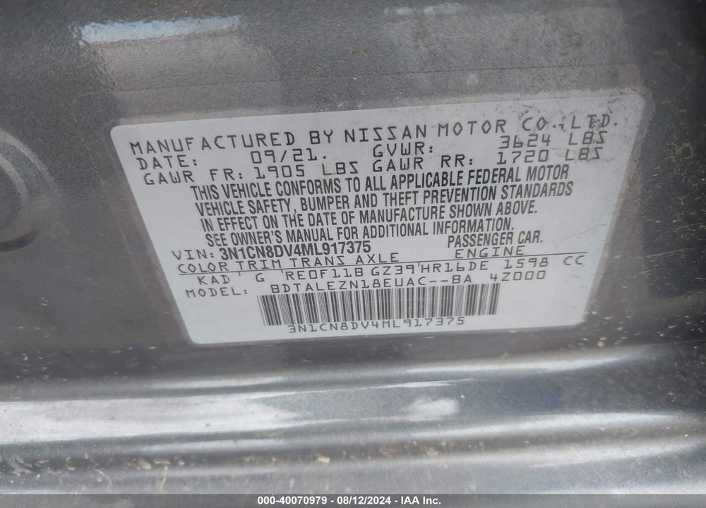 2021 NISSAN VERSA S XTRONIC CVT VIN: 3N1CN8DV4ML917375