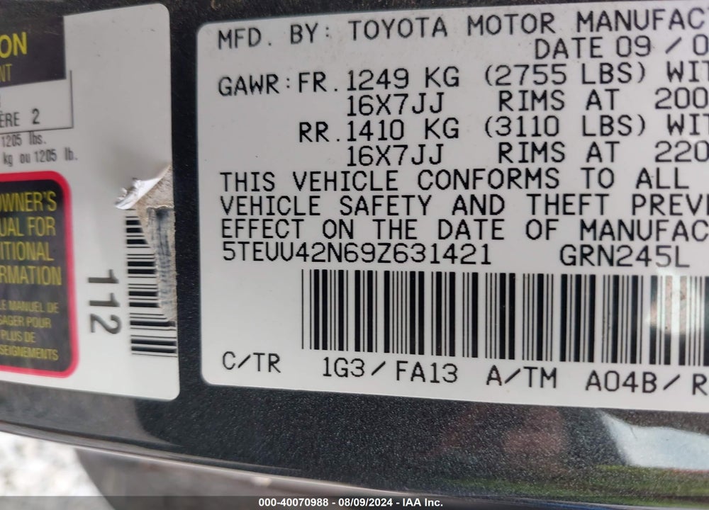 2009 TOYOTA TACOMA BASE V6 VIN: 5TEUU42N69Z631421