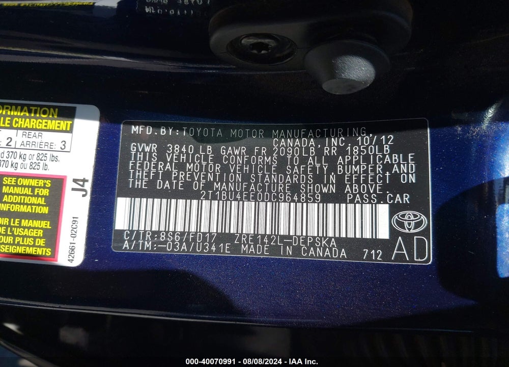 2013 TOYOTA COROLLA S VIN: 2T1BU4EE0DC964859