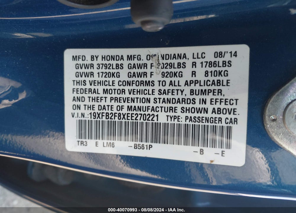 2014 HONDA CIVIC EX VIN: 19XFB2F8XEE270221