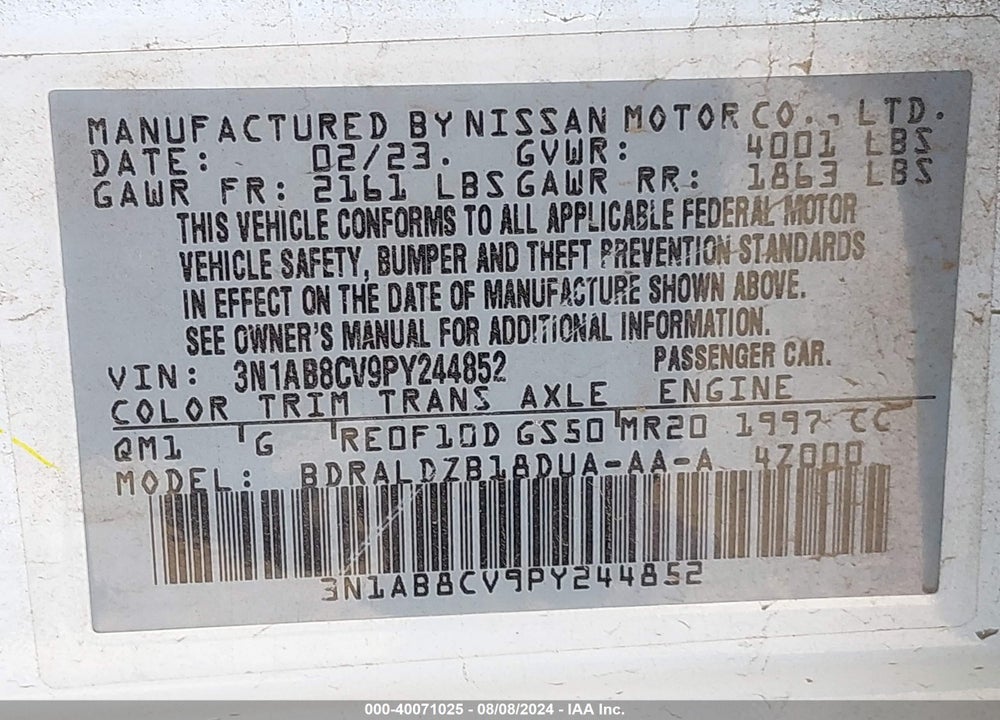 2023 NISSAN SENTRA SV XTRONIC CVT VIN: 3N1AB8CV9PY244852