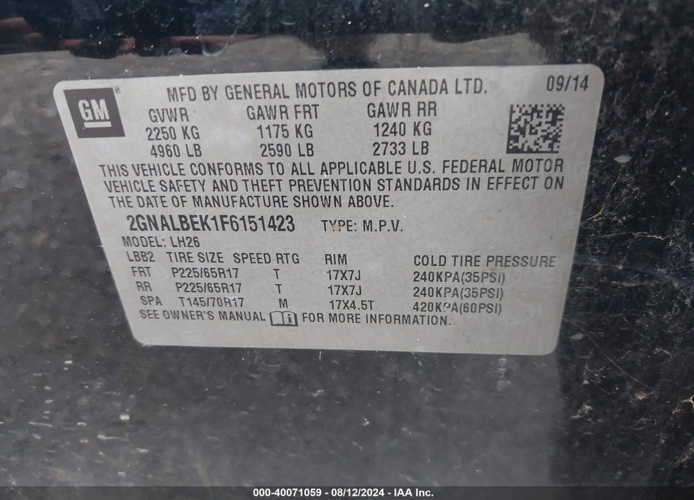 2015 CHEVROLET EQUINOX 1LT VIN: 2GNALBEK1F6151423