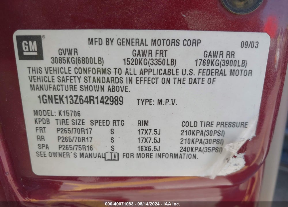 2004 CHEVROLET TAHOE Z71 VIN: 1GNEK13Z64R142989
