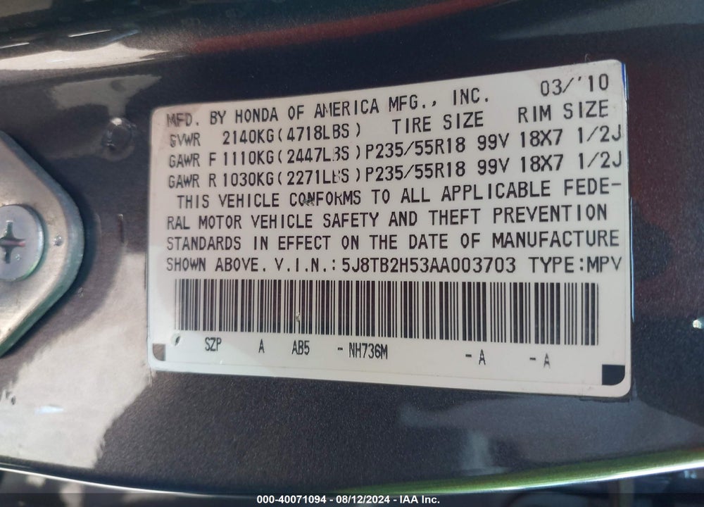2010 ACURA RDX VIN: 5J8TB2H53AA003703
