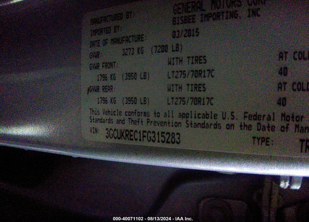 2015 CHEVROLET SILVERADO 1500 1LT/2LT VIN: 3GCUKREC1FG315283