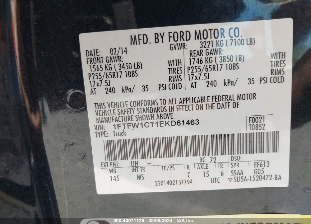 2014 FORD F-150 XLT VIN: 1FTFW1CT1EKD61463