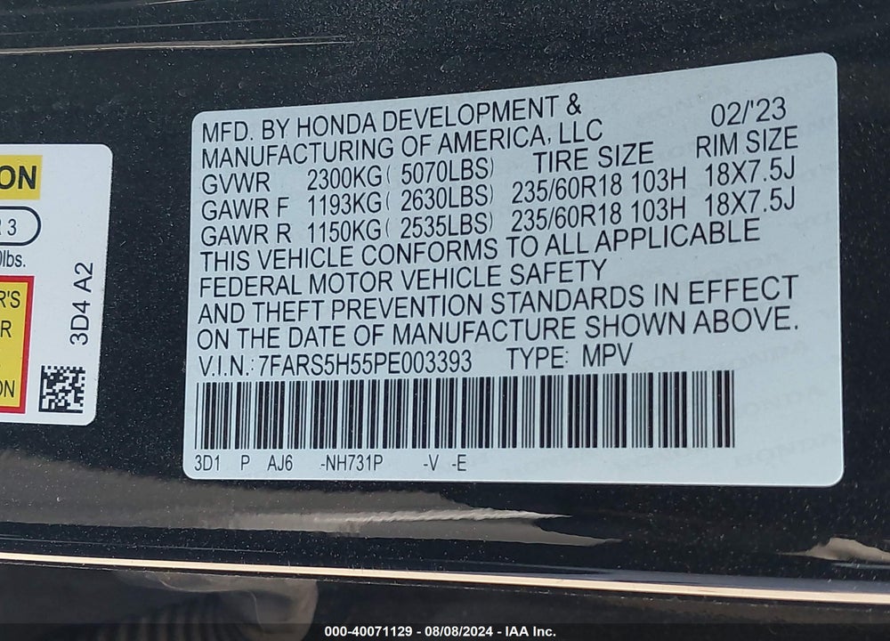 2023 HONDA CR-V HYBRID SPORT VIN: 7FARS5H55PE003393