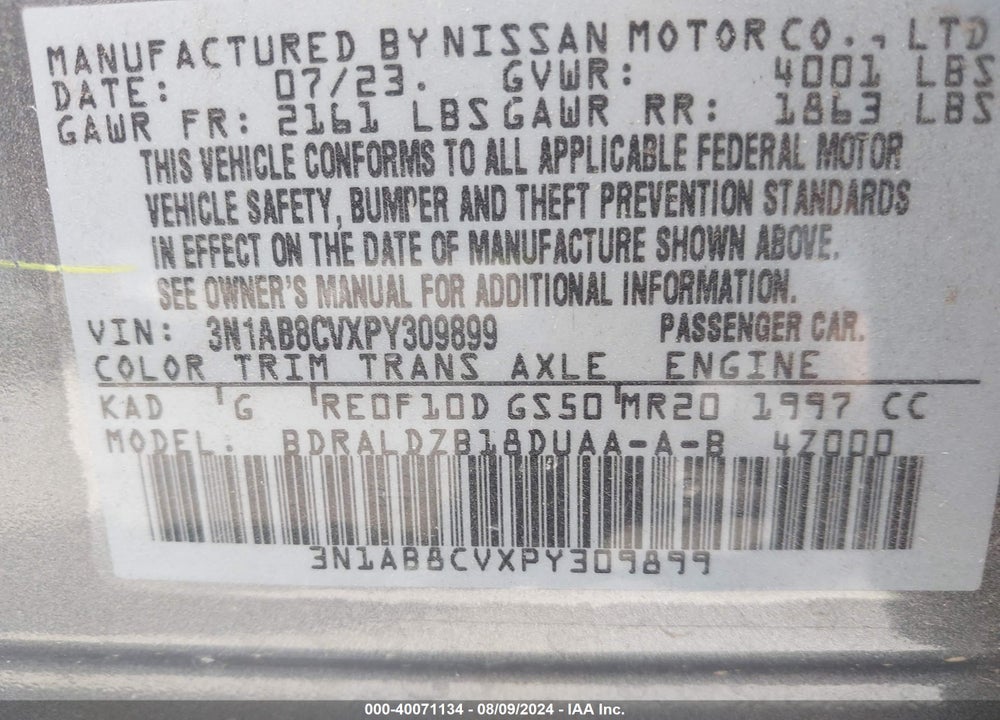 2023 NISSAN SENTRA SV XTRONIC CVT VIN: 3N1AB8CVXPY309899