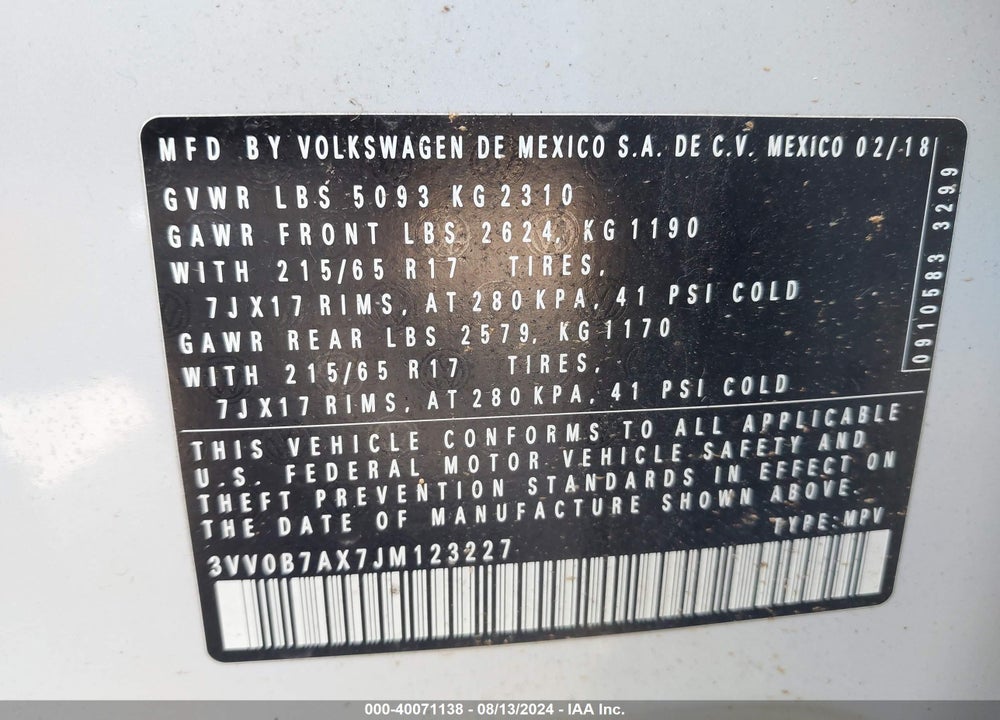 2018 VOLKSWAGEN TIGUAN 2.0T S VIN: 3VV0B7AX7JM123227