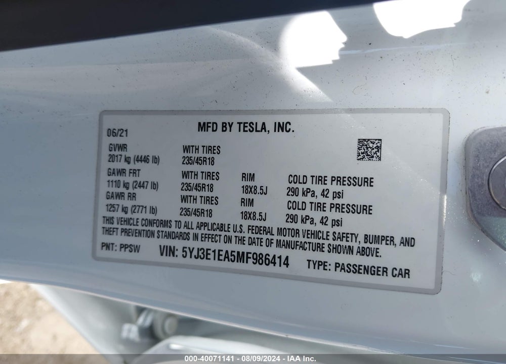 2021 TESLA MODEL 3 STANDARD RANGE PLUS REAR-WHEEL DRIVE VIN: 5YJ3E1EA5MF986414