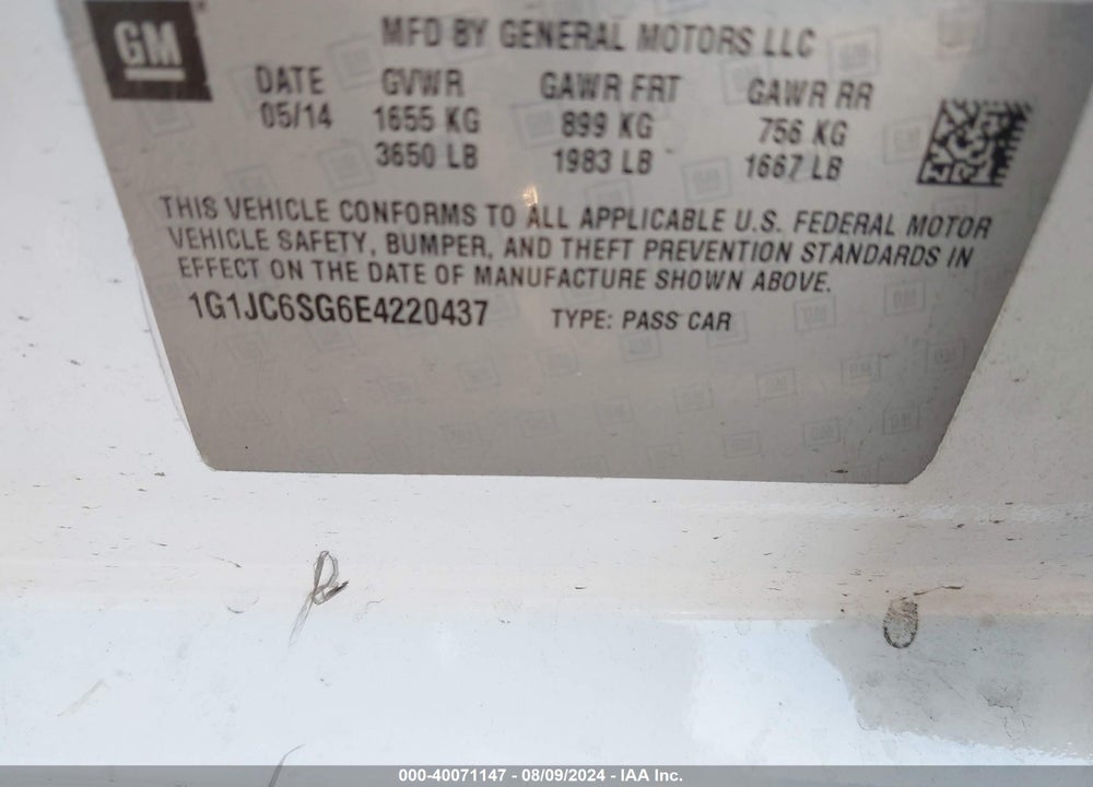 2014 CHEVROLET SONIC LT AUTO VIN: 1G1JC6SG6E4220437