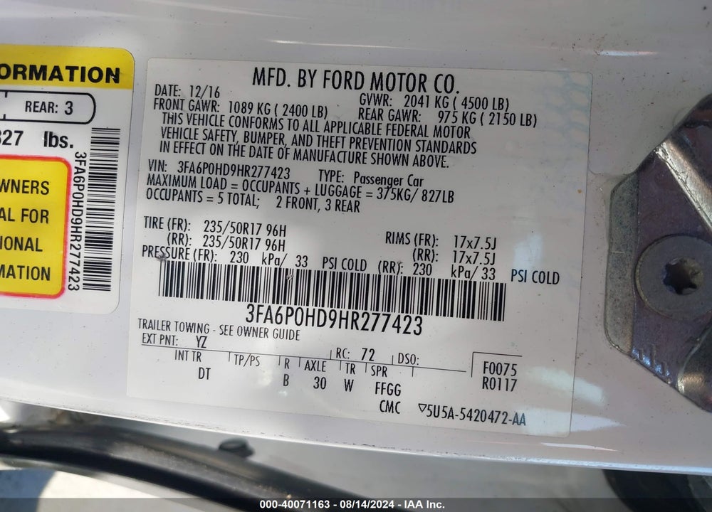 2017 FORD FUSION SE VIN: 3FA6P0HD9HR277423
