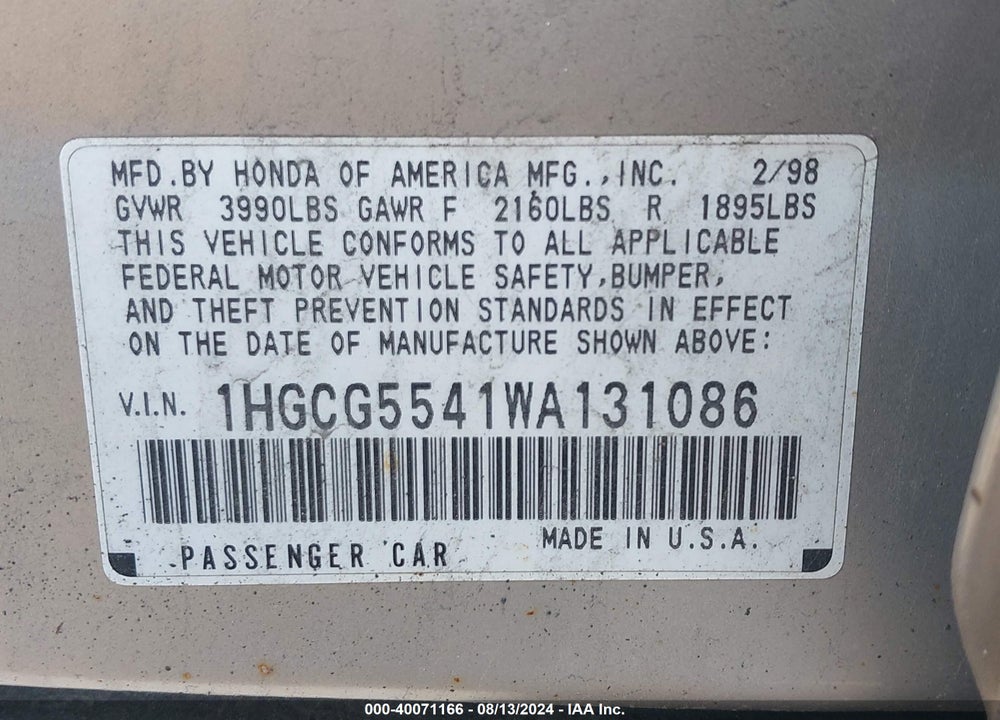1998 HONDA ACCORD LX VIN: 1HGCG5541WA131086
