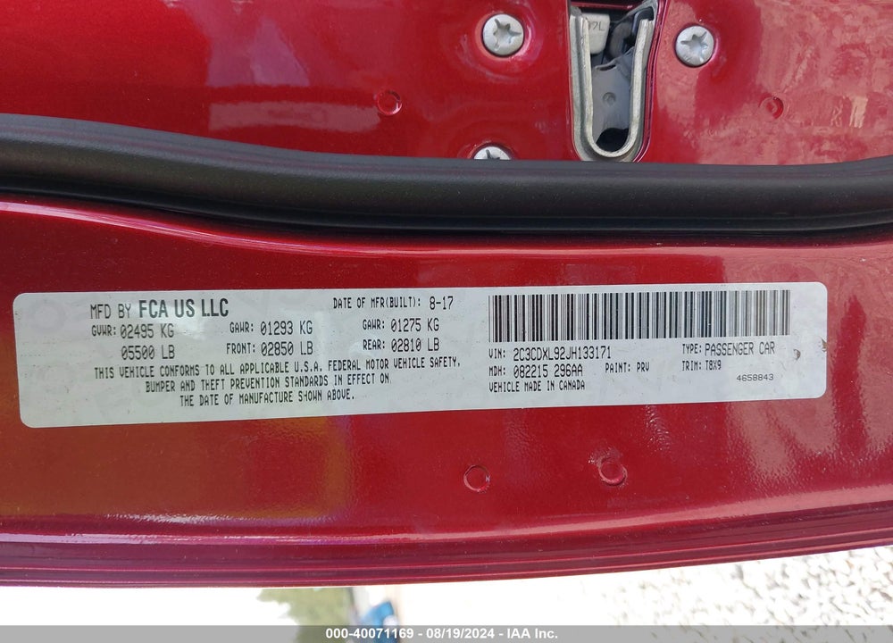 2018 DODGE CHARGER SRT HELLCAT RWD VIN: 2C3CDXL92JH133171