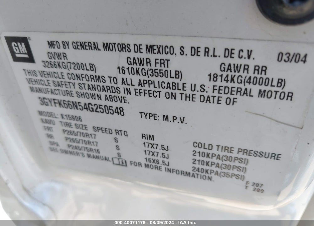 2004 CADILLAC ESCALADE ESV STANDARD VIN: 3GYFK66N54G250548