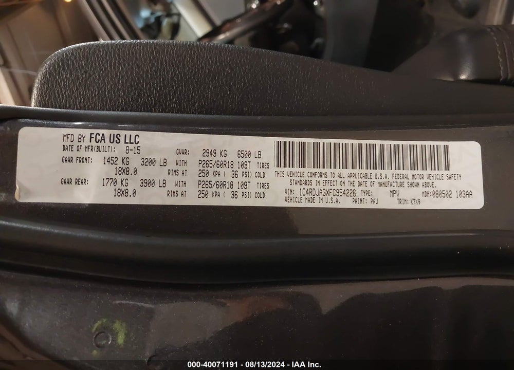 2015 DODGE DURANGO SXT VIN: 1C4RDJAGXFC954226