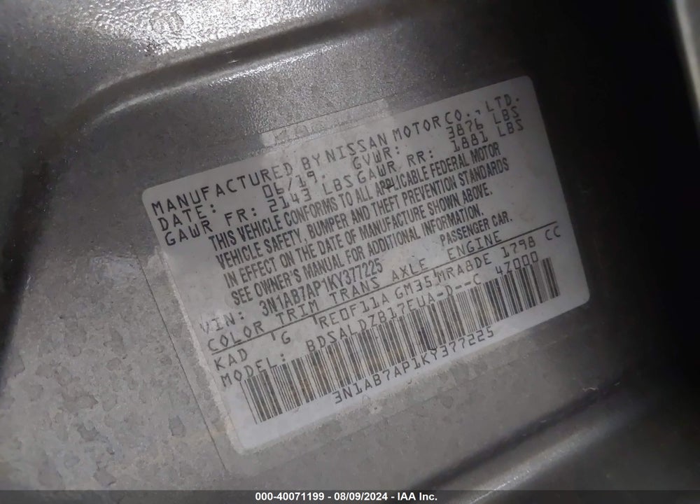 2019 NISSAN SENTRA SV VIN: 3N1AB7AP1KY377225