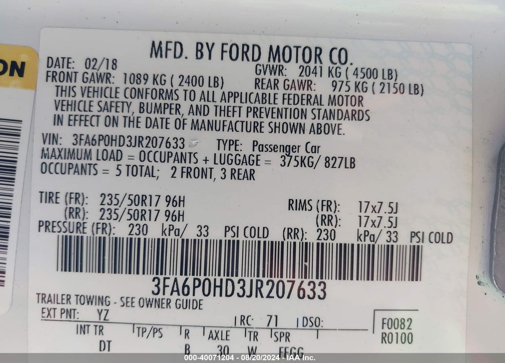 2018 FORD FUSION SE VIN: 3FA6P0HD3JR207633