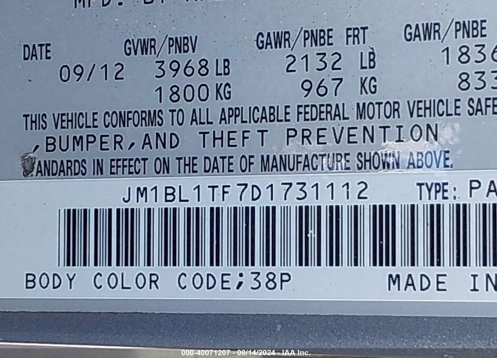 2013 MAZDA 3 I SV VIN: JM1BL1TF7D1731112