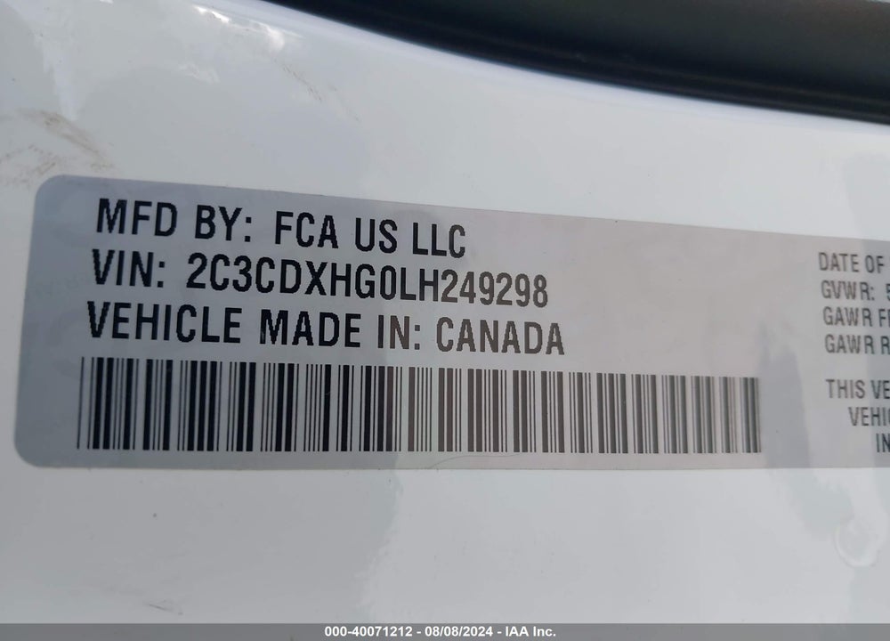 2020 DODGE CHARGER GT RWD VIN: 2C3CDXHG0LH249298