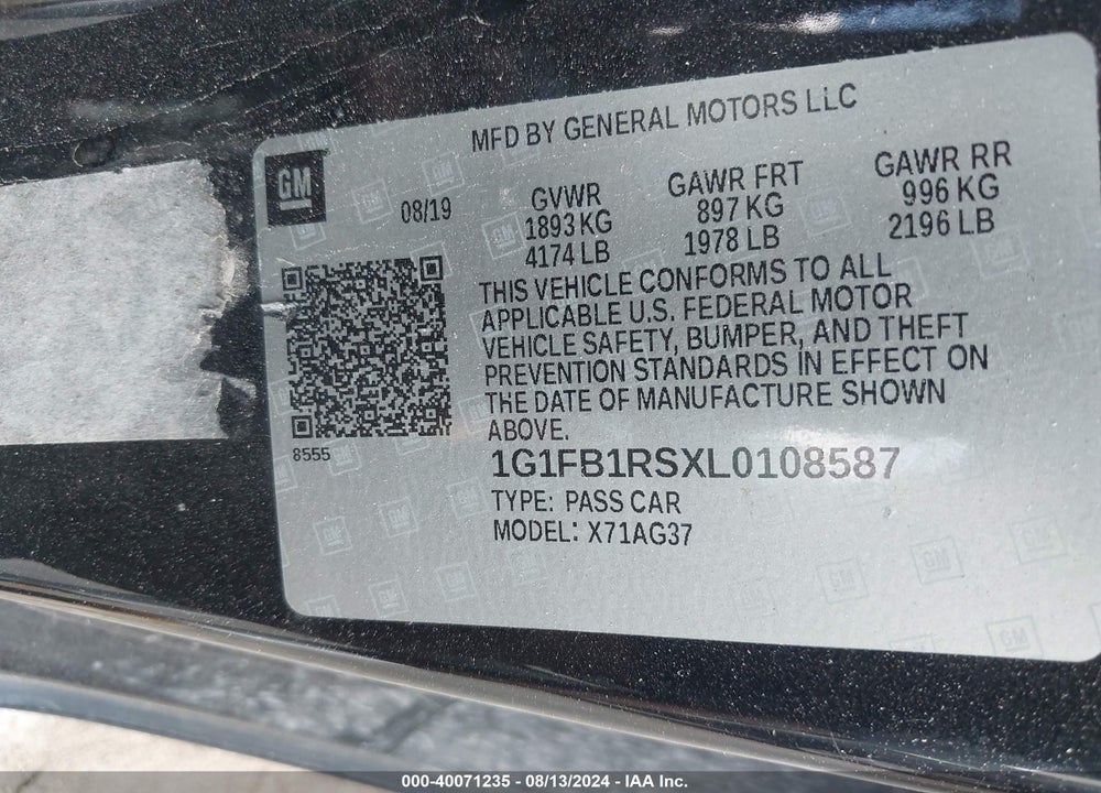 2020 CHEVROLET CAMARO RWD 1LT VIN: 1G1FB1RSXL0108587