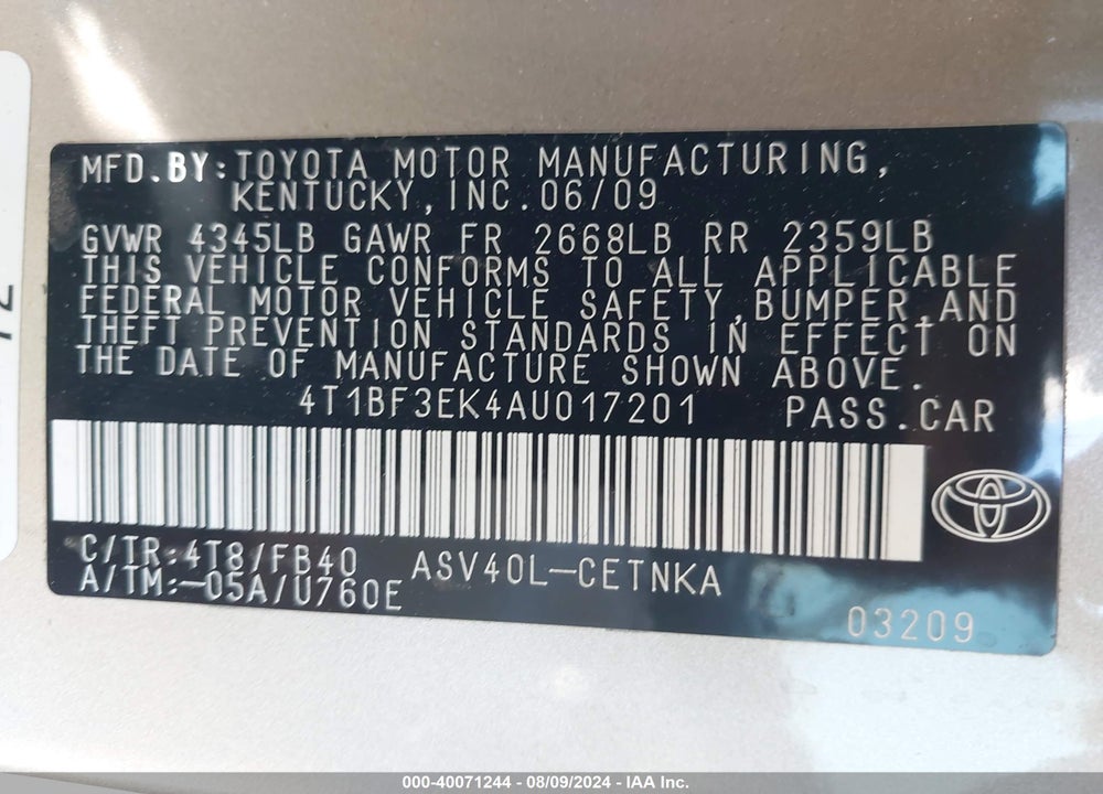 2010 TOYOTA CAMRY LE VIN: 4T1BF3EK4AU017201