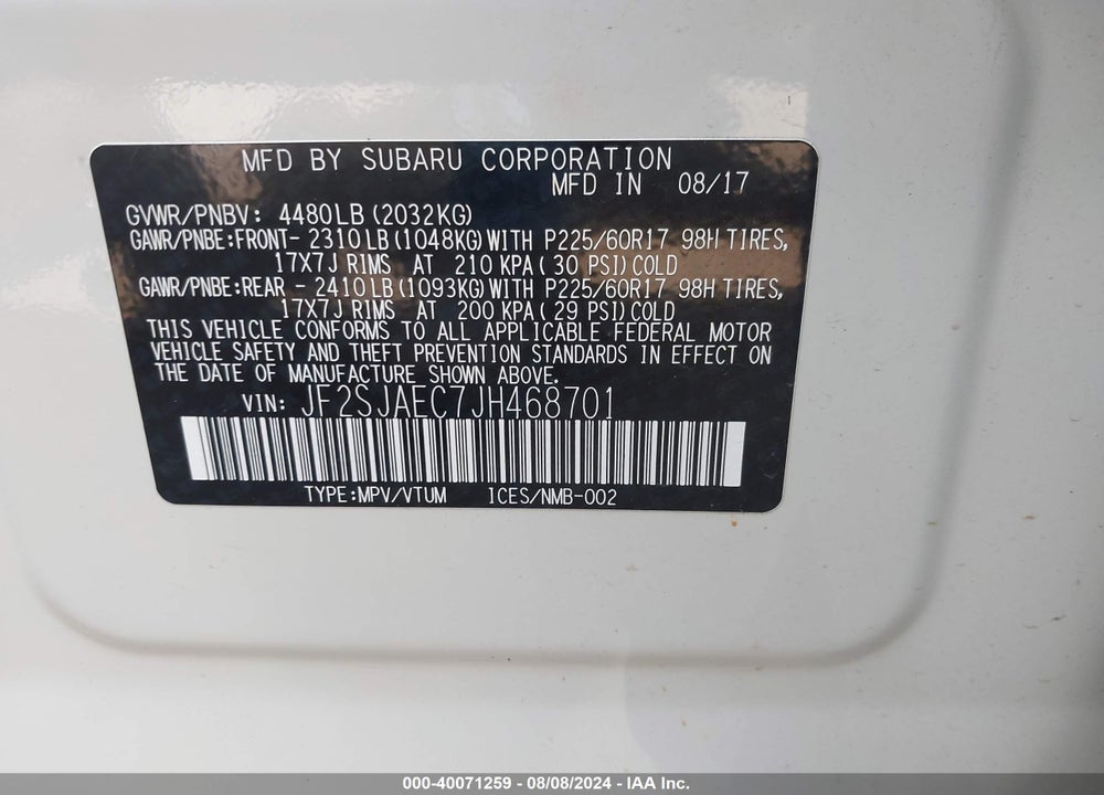 2018 SUBARU FORESTER 2.5I PREMIUM VIN: JF2SJAEC7JH468701