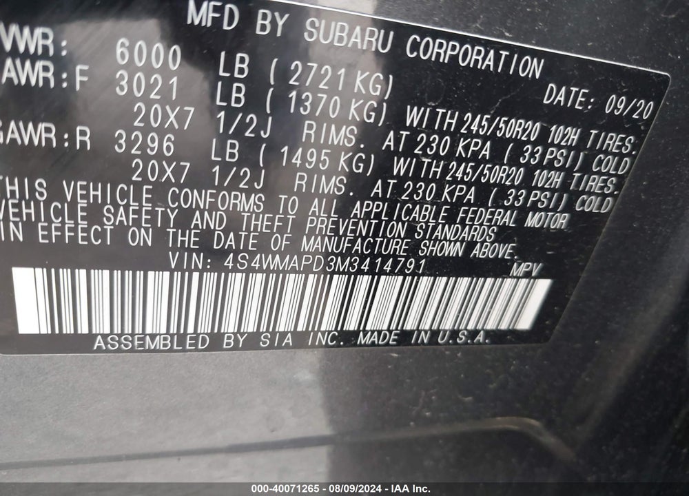 2021 SUBARU ASCENT LIMITED VIN: 4S4WMAPD3M3414791