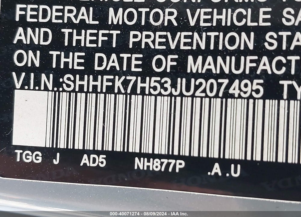 2018 HONDA CIVIC EX VIN: SHHFK7H53JU207495