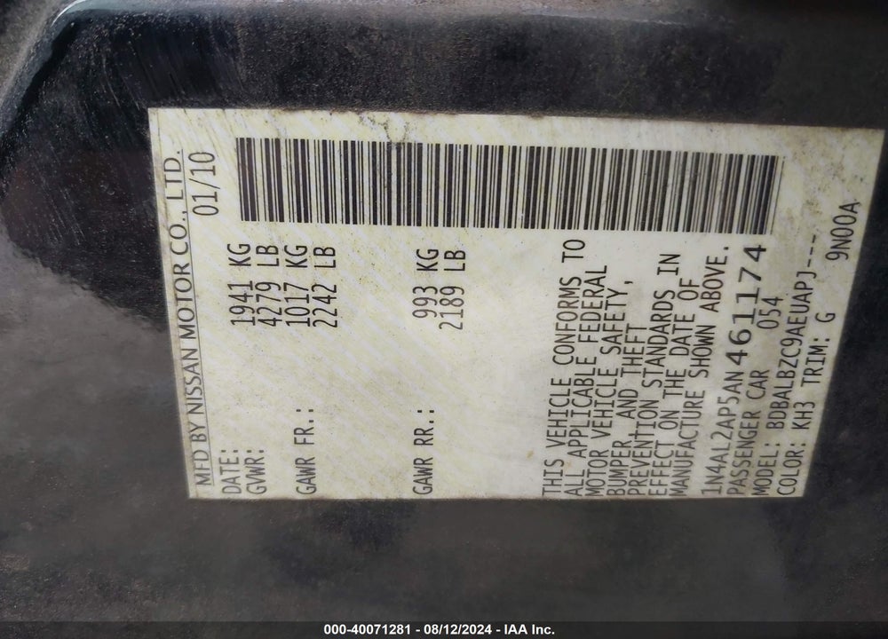 2010 NISSAN ALTIMA 2.5 S VIN: 1N4AL2AP5AN461174