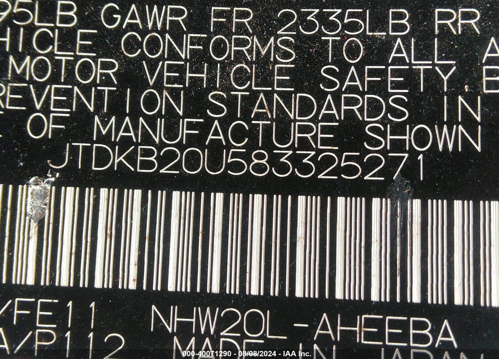 2008 TOYOTA PRIUS VIN: JTDKB20U583325271