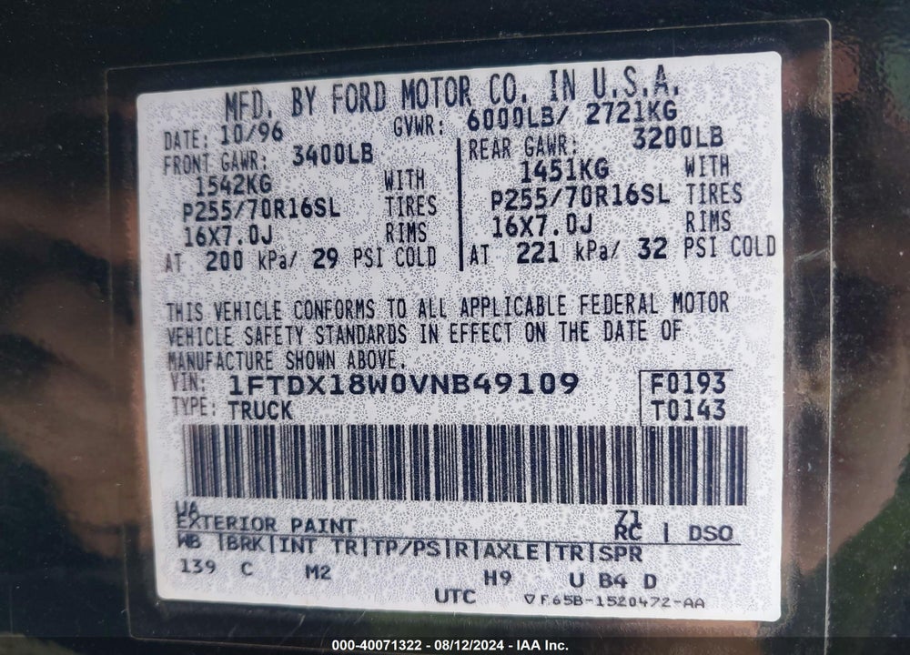 1997 FORD F150 VIN: 1FTDX18W0VNB49109