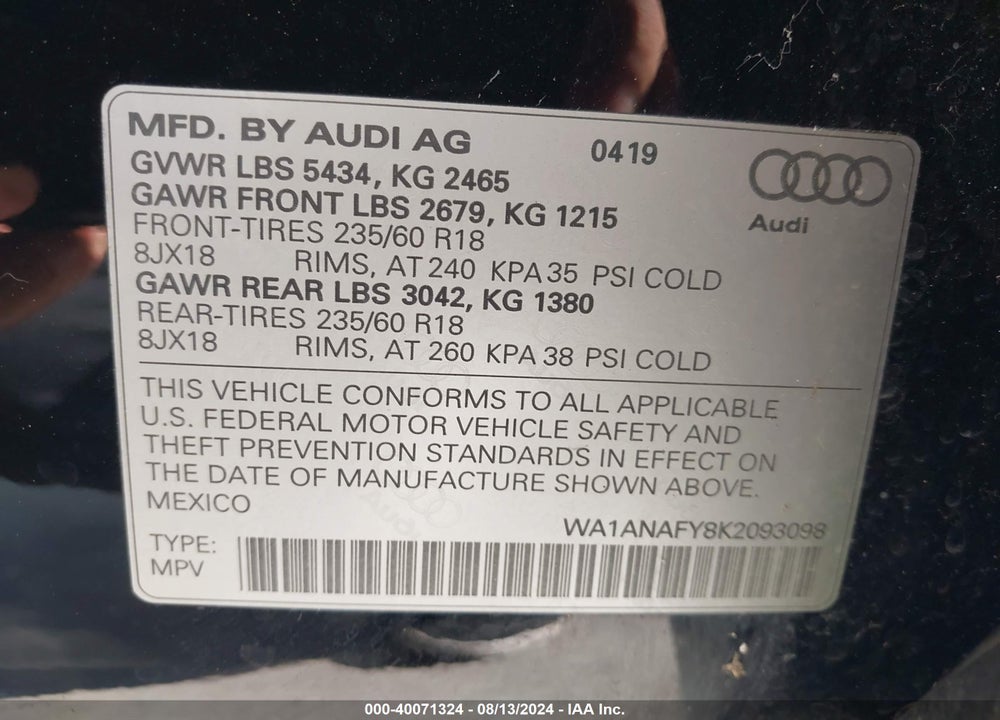 2019 AUDI Q5 45 PREMIUM VIN: WA1ANAFY8K2093098