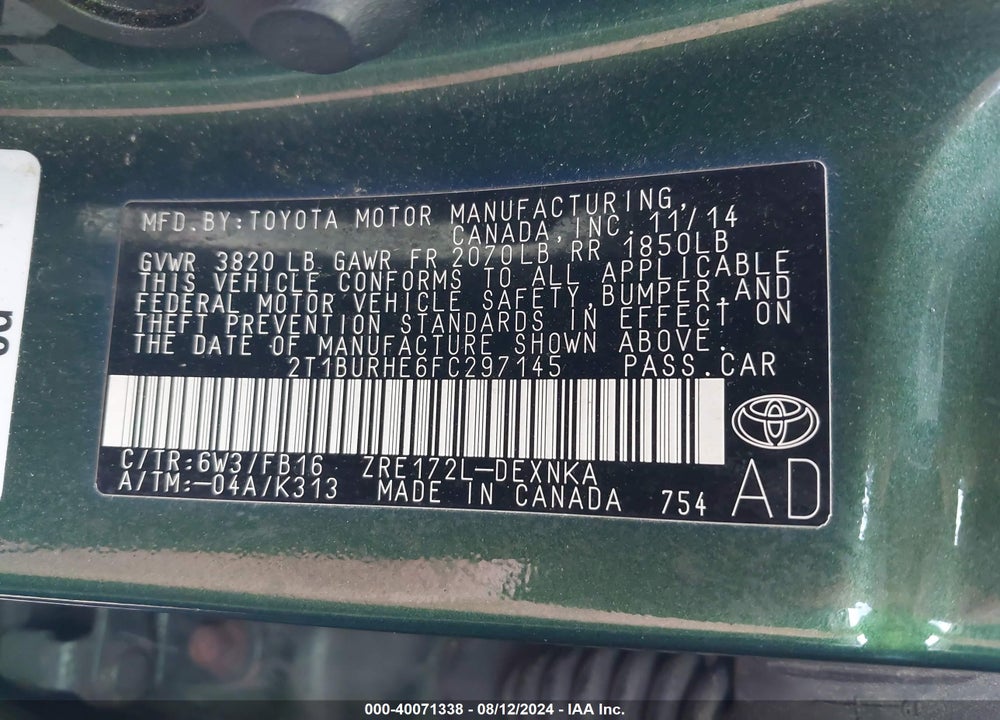 2015 TOYOTA COROLLA LE VIN: 2T1BURHE6FC297145