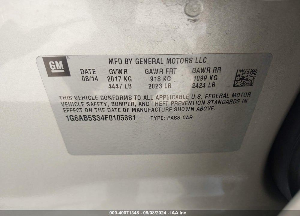 2015 CADILLAC ATS LUXURY VIN: 1G6AB5S34F0105381