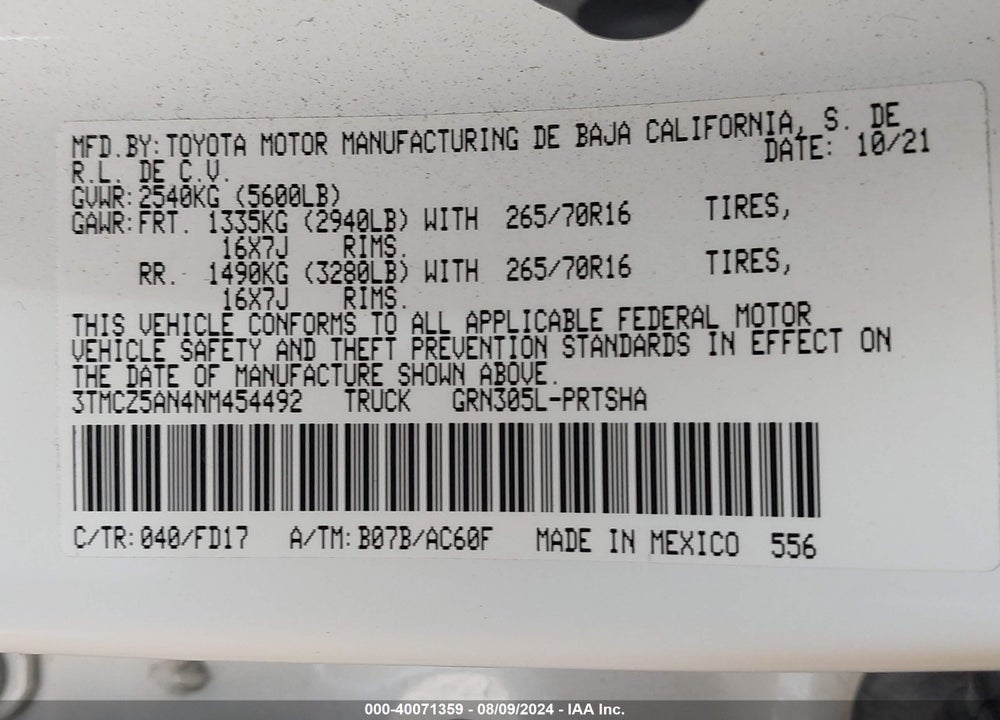 2022 TOYOTA TACOMA 4WD TRD OFF ROAD VIN: 3TMCZ5AN4NM454492