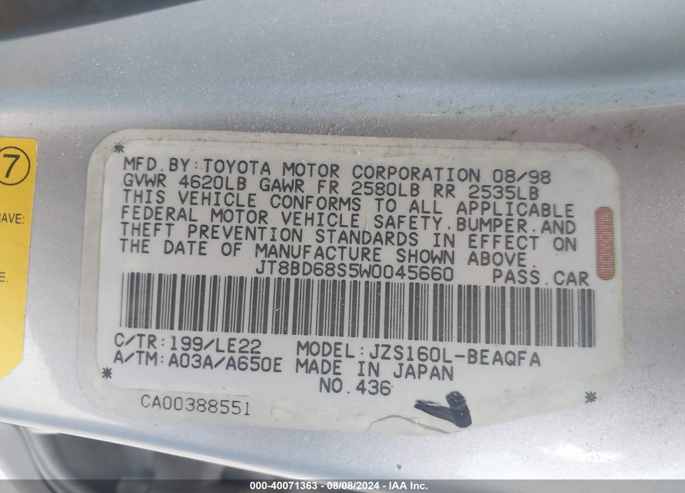1998 LEXUS GS 300 VIN: JT8BD68S5W0045660
