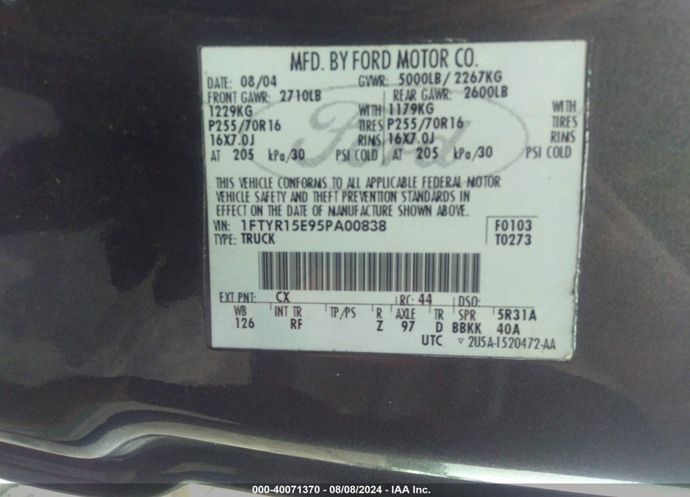 2005 FORD RANGER EDGE/XL/XLT VIN: 1FTYR15E95PA00838