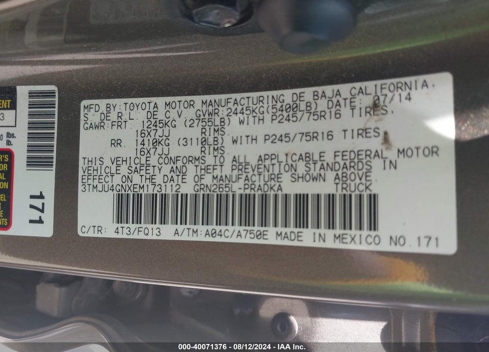2014 TOYOTA TACOMA PRERUNNER V6 VIN: 3TMJU4GNXEM173112