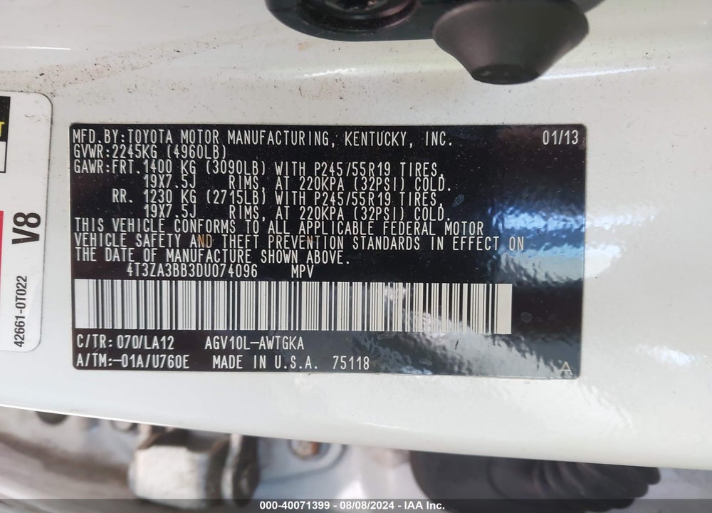 2013 TOYOTA VENZA XLE VIN: 4T3ZA3BB3DU074096