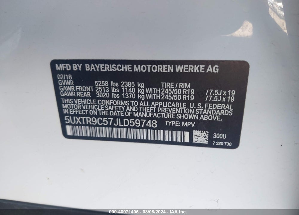 2018 BMW X3 XDRIVE30I VIN: 5UXTR9C57JLD59748