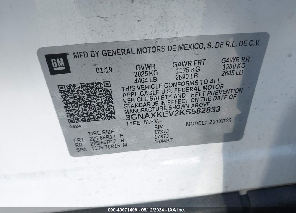 2019 CHEVROLET EQUINOX LT VIN: 3GNAXKEV2KS582833