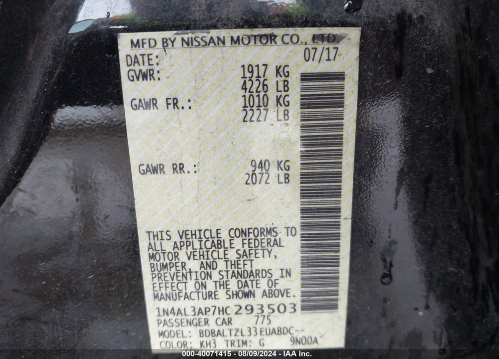 2017 NISSAN ALTIMA 2.5 SL VIN: 1N4AL3AP7HC293503