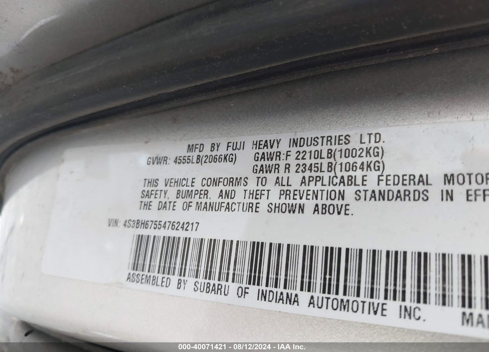 2004 SUBARU OUTBACK VIN: 4S3BH675547624217