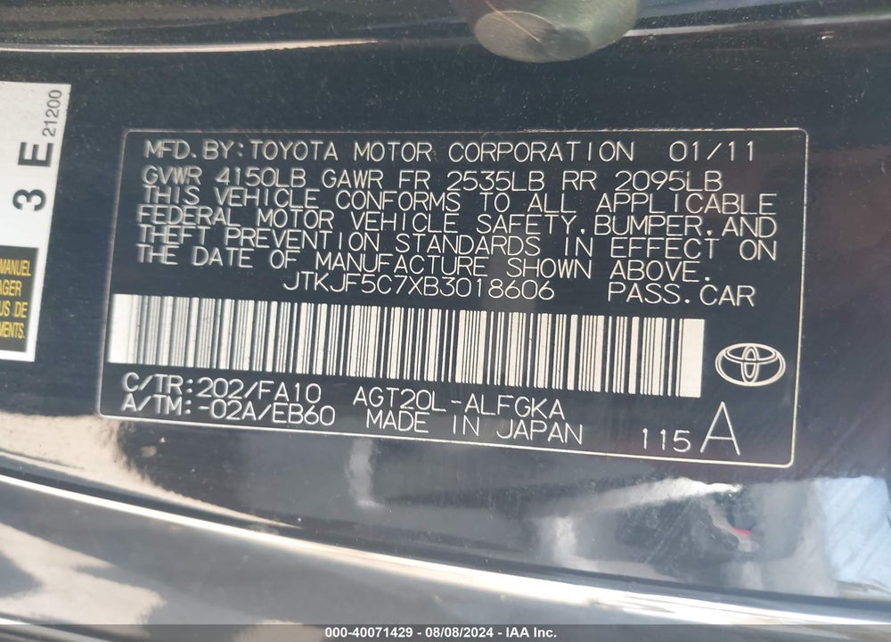 2011 SCION TC VIN: JTKJF5C7XB3018606