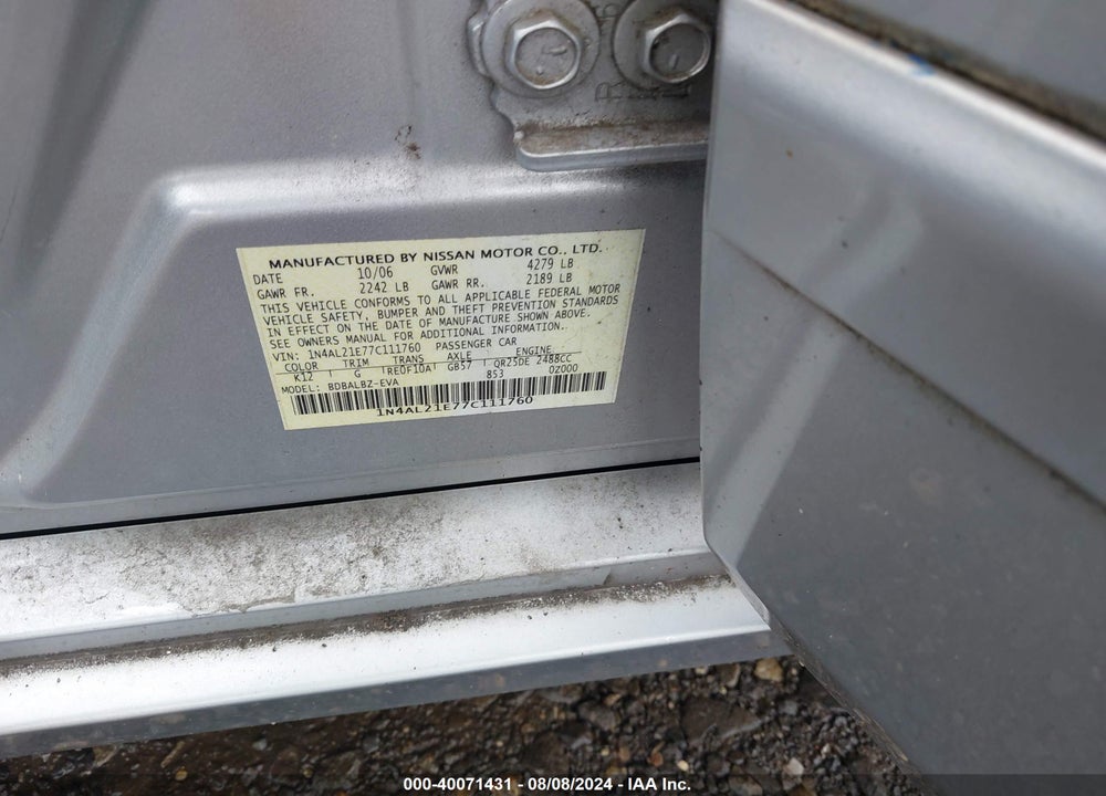 2007 NISSAN ALTIMA 2.5 S VIN: 1N4AL21E77C111760