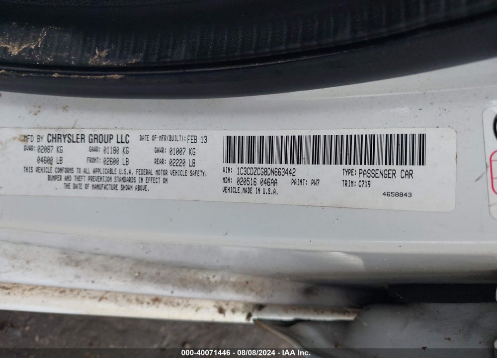 2013 DODGE AVENGER SXT VIN: 1C3CDZCG8DN663442