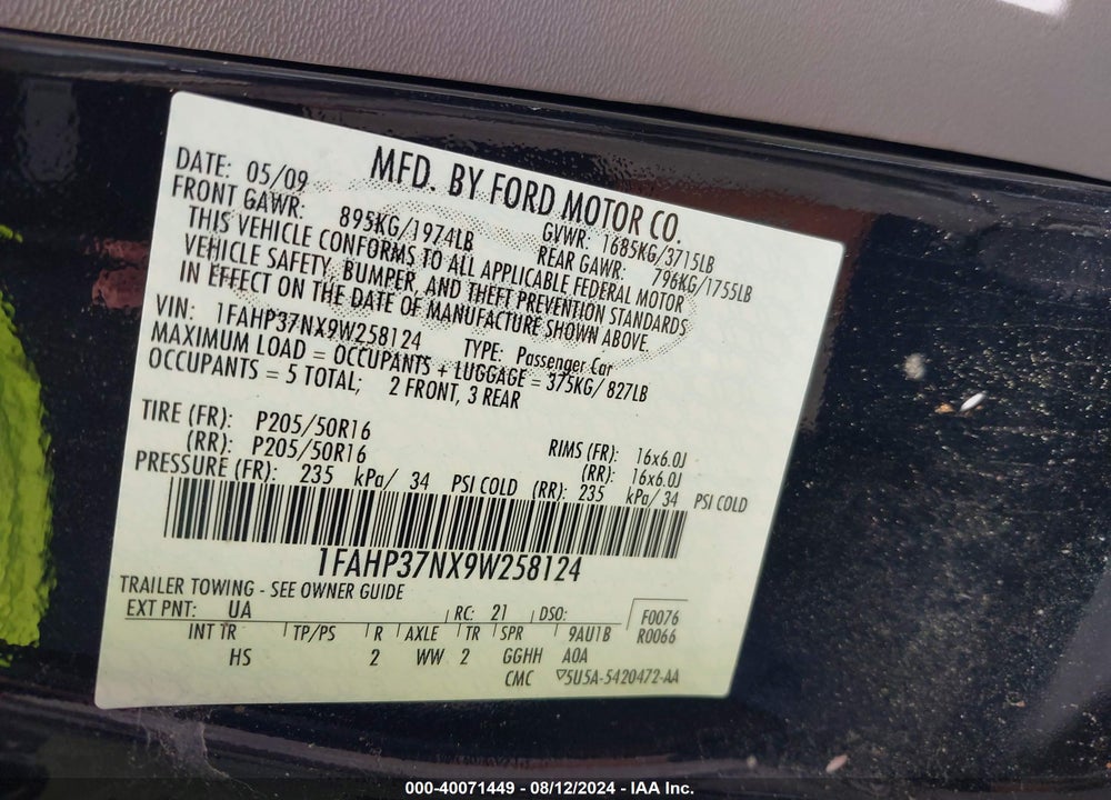 2009 FORD FOCUS SEL VIN: 1FAHP37NX9W258124